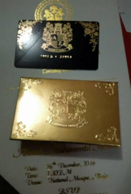 Photos of the wedding invitation cards of Zahra Buhari to Ahmed Indimi