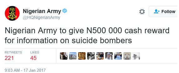 Nigerian Army Offers N500 k Cash Reward For Any Information On Suicide Bombers .