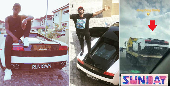 Runtown’s new N150m Lamborghini spotted on a tow truck after breaking down