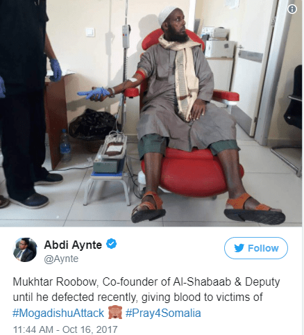 Former al-Shabab leader donates blood to help victims of Mogadishu bombing