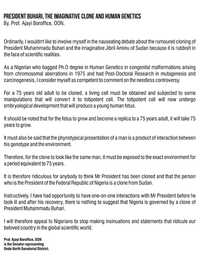 ”There is no way a 75 year old man like President Buhari can be cloned” – Professor of Human Genetics, Ajayi Boroffice, reacts to cloning rumors